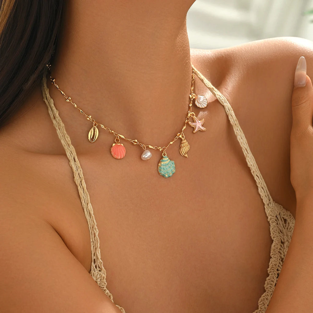Colorful Enamel Choker Necklace for Women Shell Starfish Pearl Pendant Boho Beach Adjustable Summer Fashion Jewelry