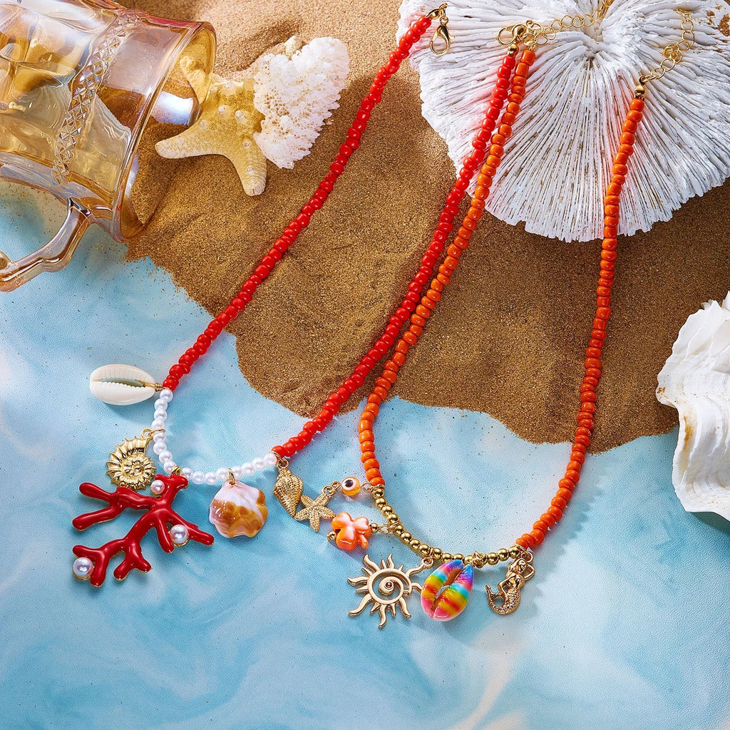 Coral Shell Starfish Sun Rice Bead Pendant Necklace for Women Boho Choker Chain Creative Jewelry Fashion Beach Vacation Gift