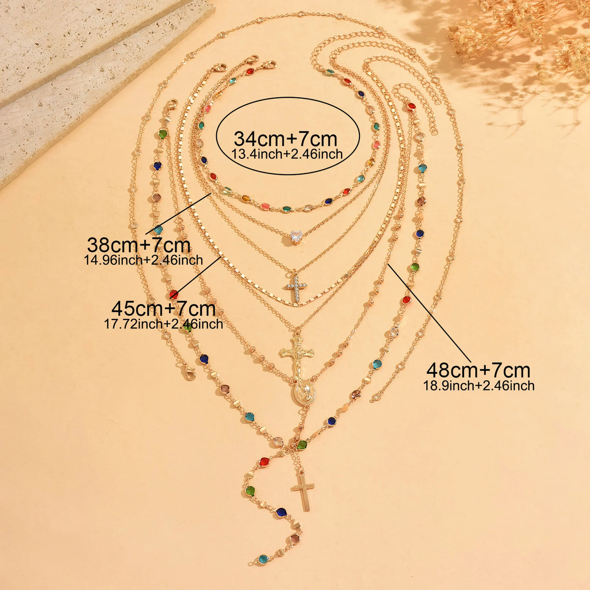 5Pcs Gold Layered Cross Pendant Necklace Set Colorful Rhinestone Y2K Adjustable Summer Fashion Jewelry for Women