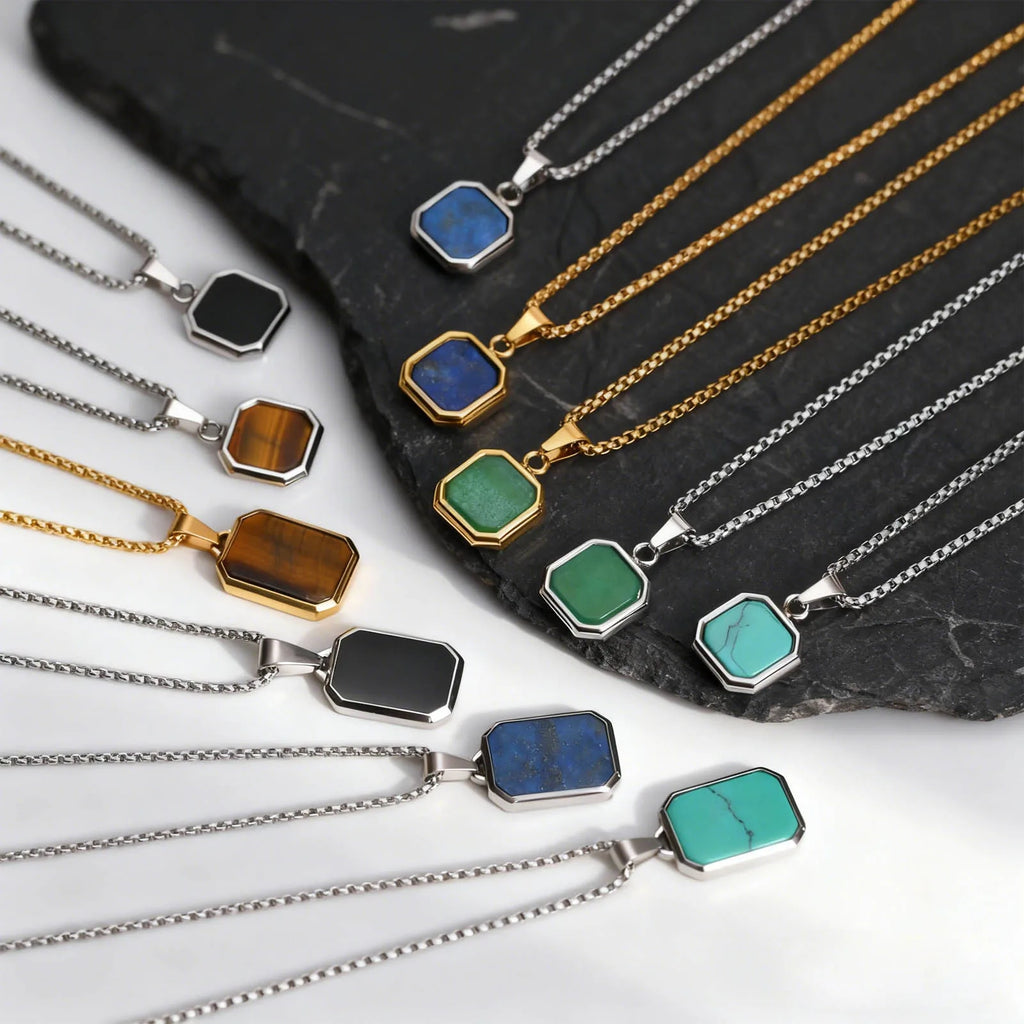 Trendy Pendant Necklaces for Men,Square Natural Stone Stainless Steel Necklaces,Hip Hop Healing Jewelry Gifts for Husband Dad