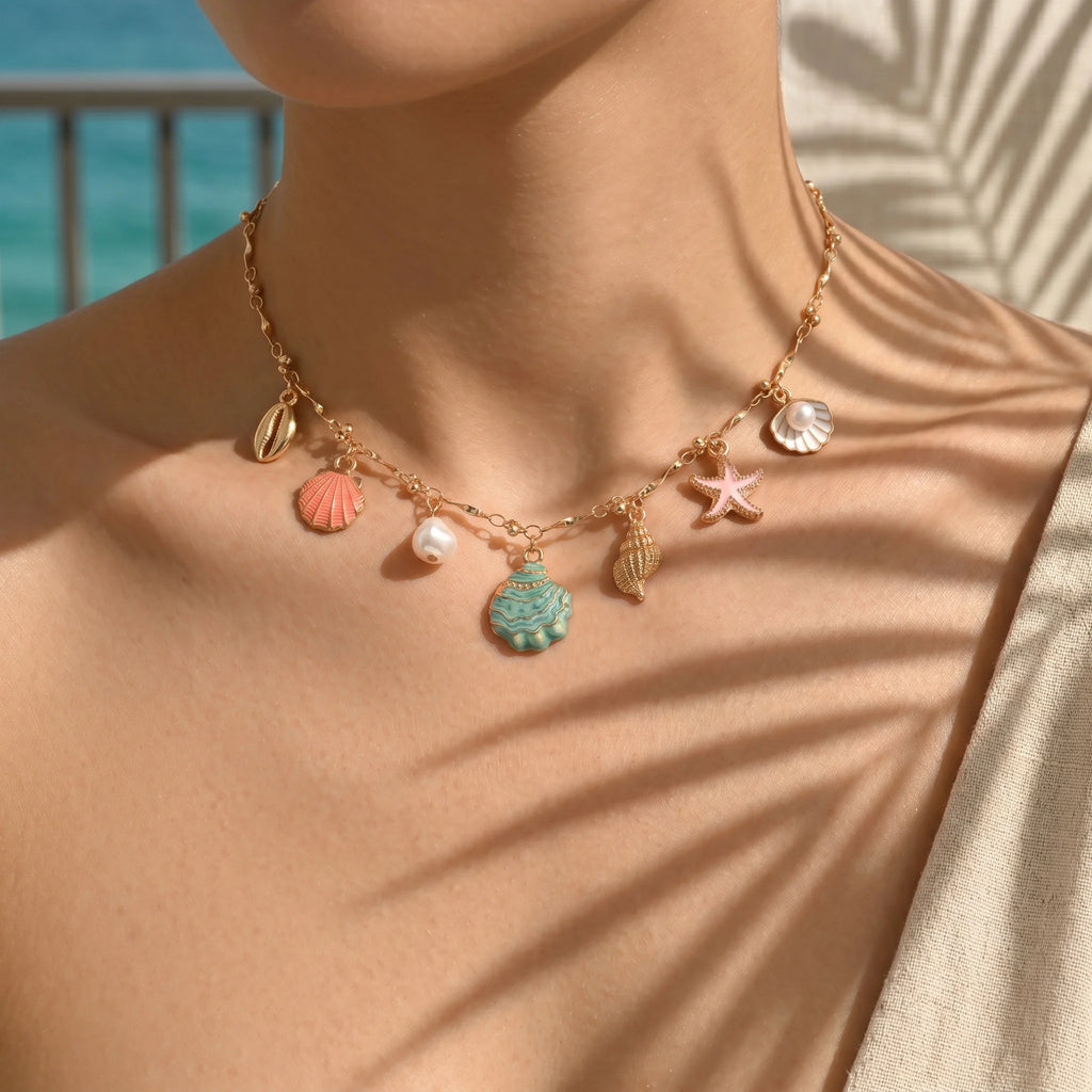 Colorful Enamel Choker Necklace for Women Shell Starfish Pearl Pendant Boho Beach Adjustable Summer Fashion Jewelry