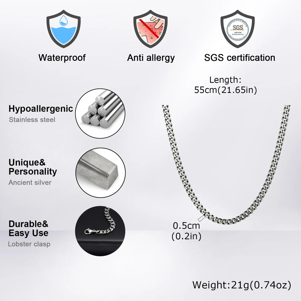 Vintage Punk Chain Necklace for Men Women,3/5/7mm Stainless Steel Cuban Chain Collars,Classic Metal Jewelry Gift for Him