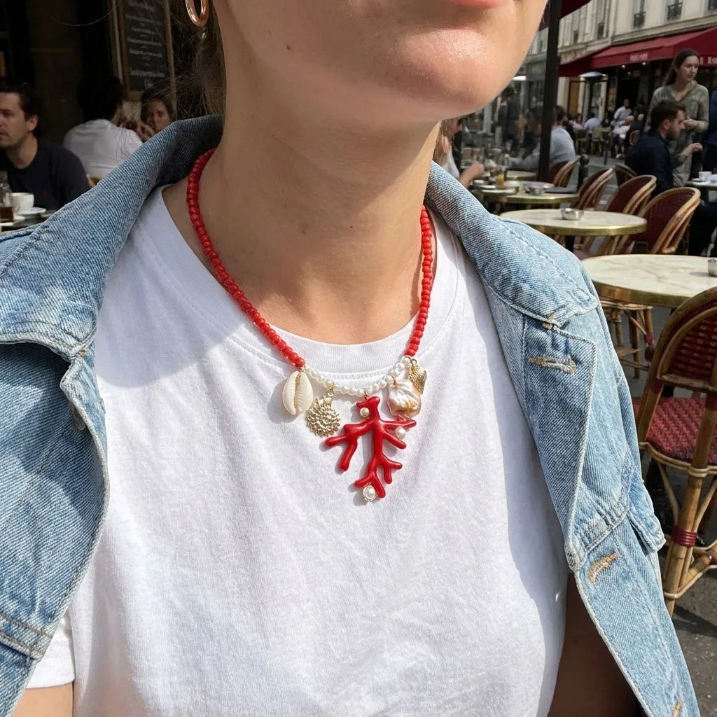 Coral Shell Starfish Sun Rice Bead Pendant Necklace for Women Boho Choker Chain Creative Jewelry Fashion Beach Vacation Gift